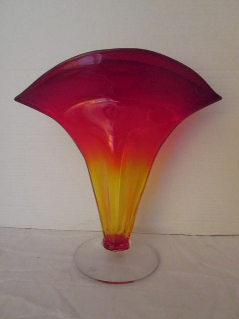 Hand Blown Footed Amberina Fan Vase (1 of 4)