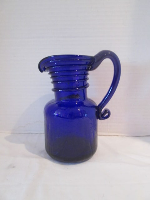 Signed Blenko Crackle Optic Glass Cobalt Blue Pitcher with Applied Handle (1 of 7)