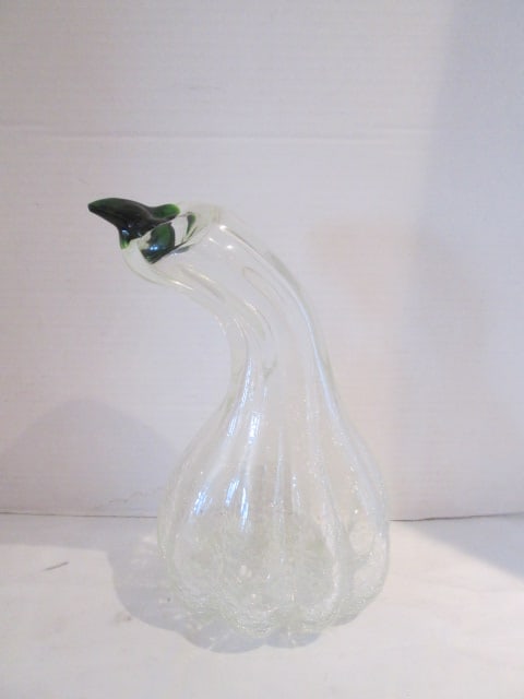 Blenko Colorless Crackle Optic Glass Gourd with Green Glass Stem: 10"h