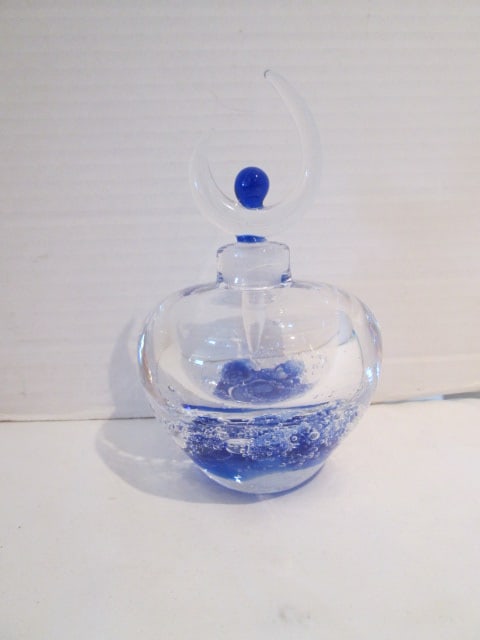 Blue and Colorless Art Glass Perfume Bottle with Controlled Bubbles (1 of 3)
