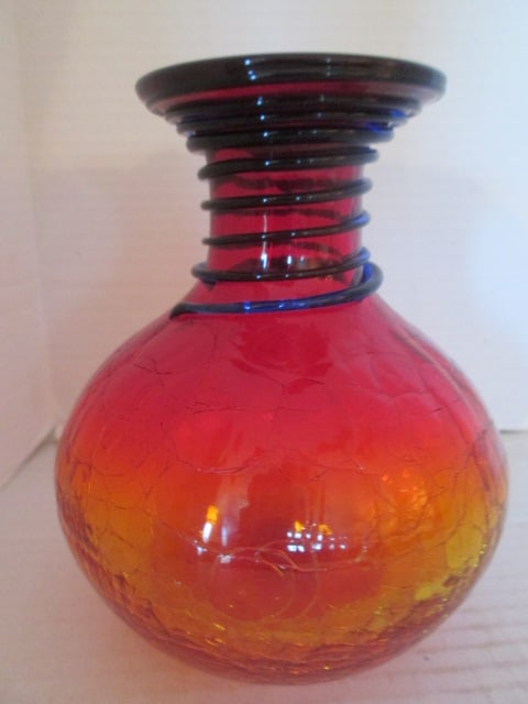 Blenko Hand Blown Amberina Crackle Optic Vase with Blue Threading (1 of 6)