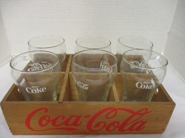 Coca-Cola Bell Shape Glass Set in Wooden Crate Caddy (1 of 10)