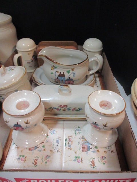 International Heartland Village Stoneware Tableware-Tile Trivet, Candleholders,: Shakers, Butter Dish, Sauce Boat, Sugar Bowl and Napkin Holder