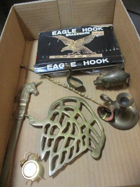 Brass Letter Opener, Trivet, Candle Snuffer, Animal Figurines, Eagle Key Hook, etc.: .