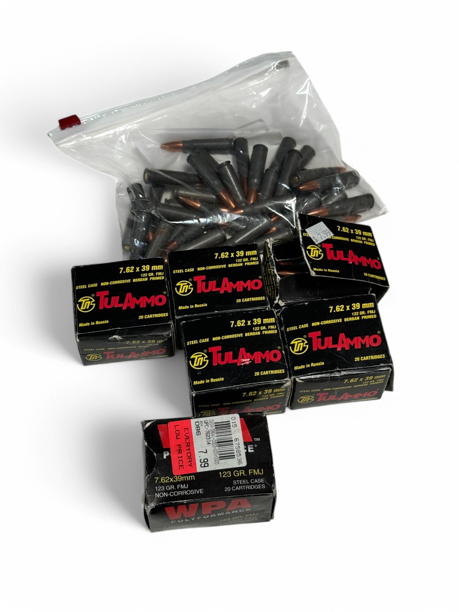 158rds. Of 7.62x39mm FMJ Steel Case Factory Ammunition : Five full 20rd. boxes of 7.62x39mm 122gr. FMJ TulAmmo steel case ammunition, one bag of 38rds. of 7.62x39mm 122gr. FMJ TulAmmo steel case ammunition, one full 20rd. box of 7.62x39mm 123gr. FMJ WPA Pol