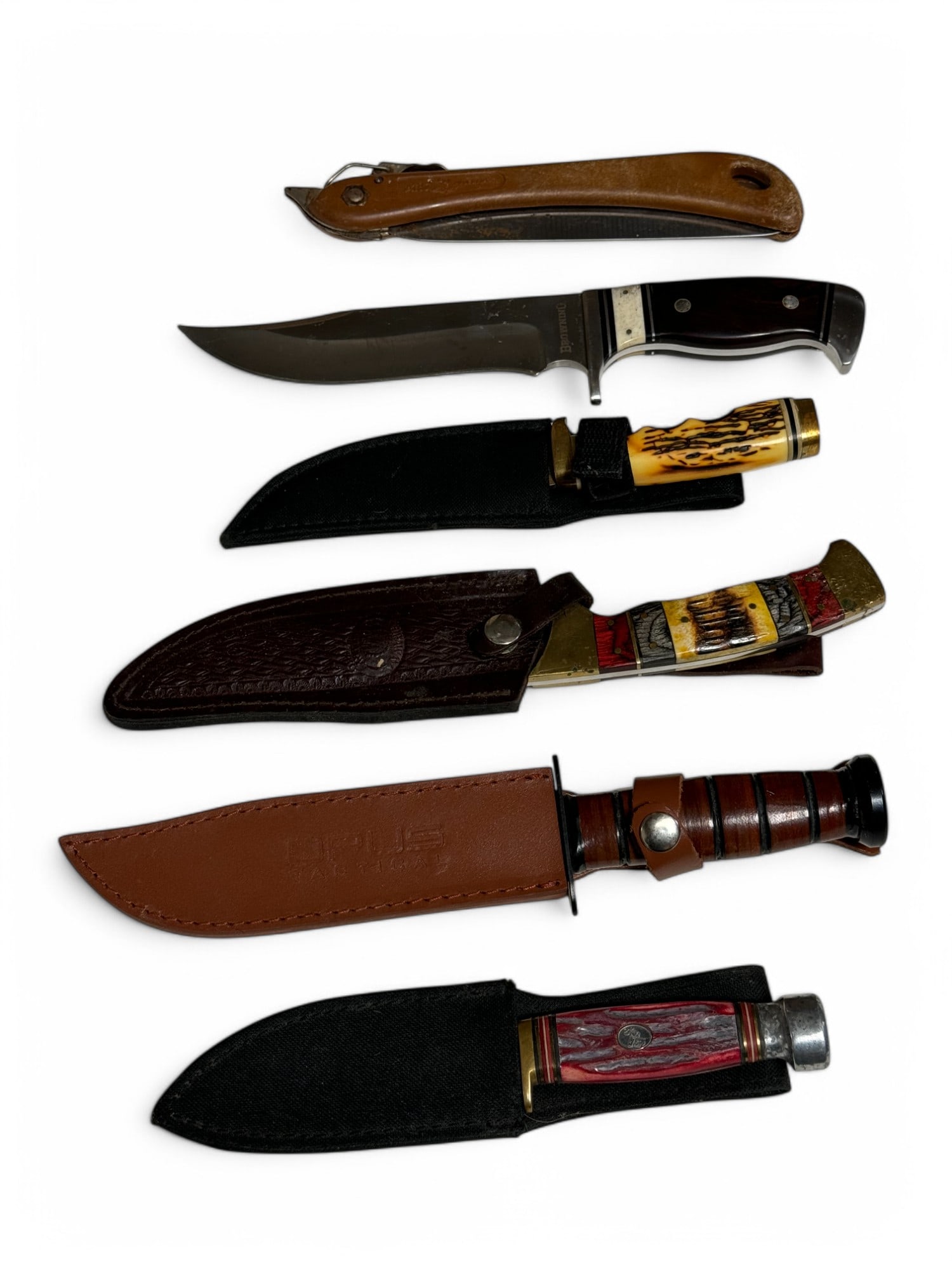 (5) Fixed-Blade Knives and Folding Saw: Steel Warrior, Opus Tactical, Chipaway Cutlery, Whitetail Cutlery, Browning Model 830, ARS Gator pocket saw