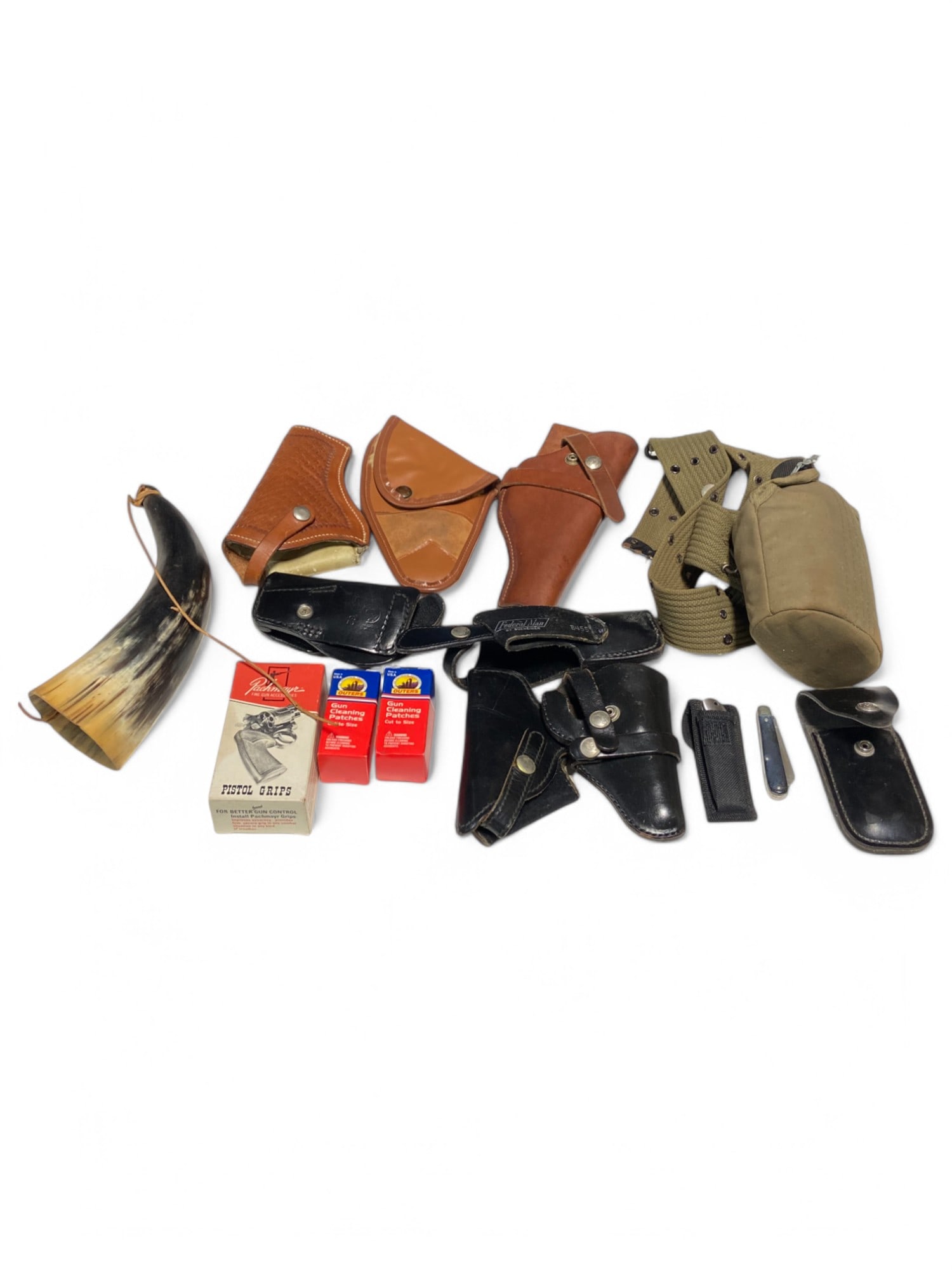 Miscellaneous Gun Holster Lot with Knives & More - See Photos: Includes powder horn, canteen with pouch and belt attachment, Pachmayr Model CD/C Colt "D" Frame Grips, Outers gun cleaning patches, (7) gun holsters, (2) pocket knives, police tactical pouch. See pho