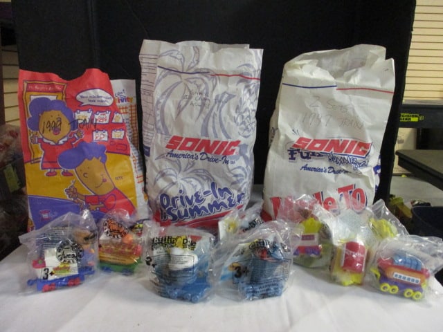 2 Sets of New Old Stock Sonic 1997 Wacky Chew Chew Train Toys, 4 Sets of 1998: Chillin' Choo-Choo Train Toys, and 1999 Wacky Pack Express Train Toys Set