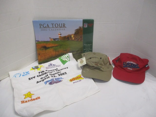 Golf PGA Tour 2002 Calendar, 2 Golf Course Baseball Caps, and Sonic Golf Towel (1 of 8)