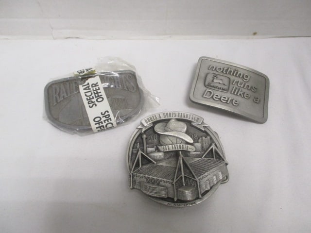 3 Advertising Metal Belt Buckles - John Deere, San Antonio, and Raleigh Lights (1 of 7)