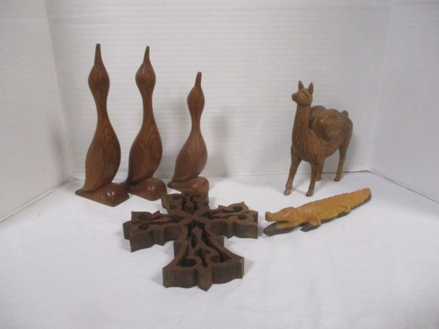 Grouping of Carved Wood Animal Figurines and Cross Trivet: see pictures and preview for selection