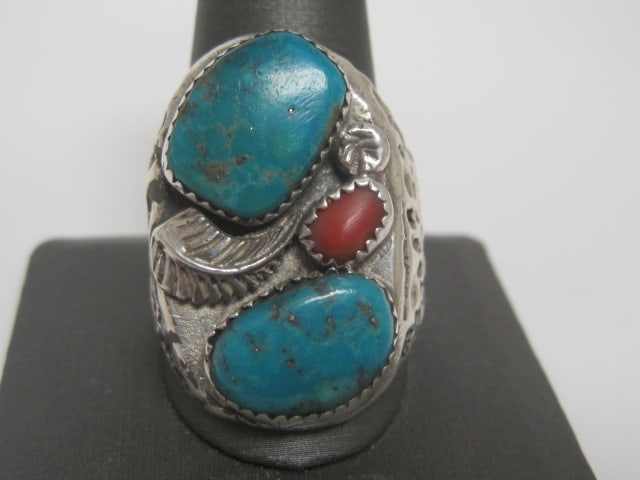Sterling Silver Men's Navajo Turquoise and Coral Ring (1 of 4)