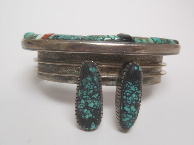 Sterling Silver Turquoise, Coral, etc.. Inset Cuff Bracelet (1 of 5)