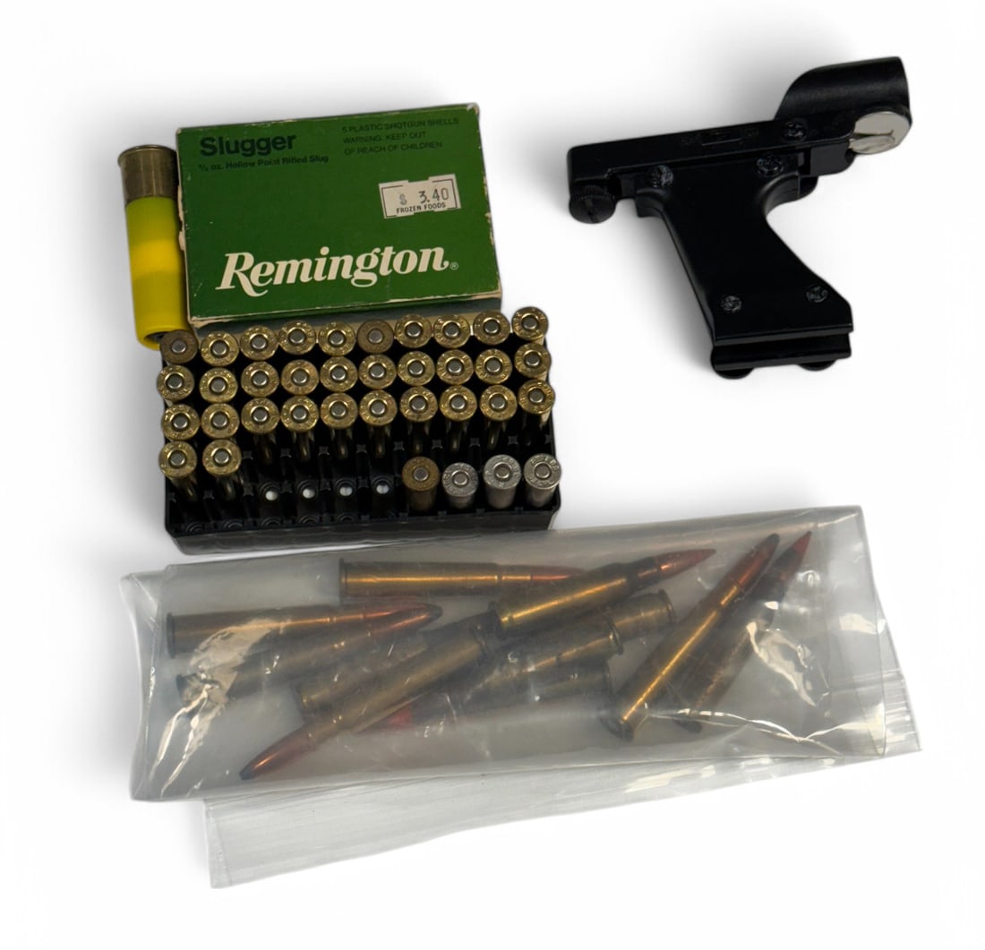 NIB 53rds. Of Various Factory Ammunition and Mars’ Eye Finderscope: 6rds. of .303 BRITISH, 5rds. of 7.62x51mm, 32rds. of .38 SPL. + P JHP Remington, 4rds. of misc. .38 SPL., 6rds. of 20 GA. Remington slugs