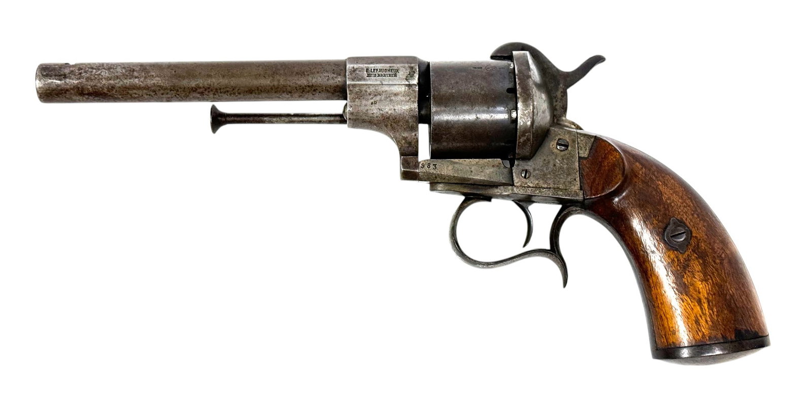 Antique Belgium E. Lefaucheux 12mm Pinfire Revolver: S#: 34983 | 6.25" Barrel | Marked E. Lefaucheux/Brevete on left side of barrel and crown/JL on right side | Missing front sight and lanyard | Belgian liege proof on cylinder | Seems to mechanically fu