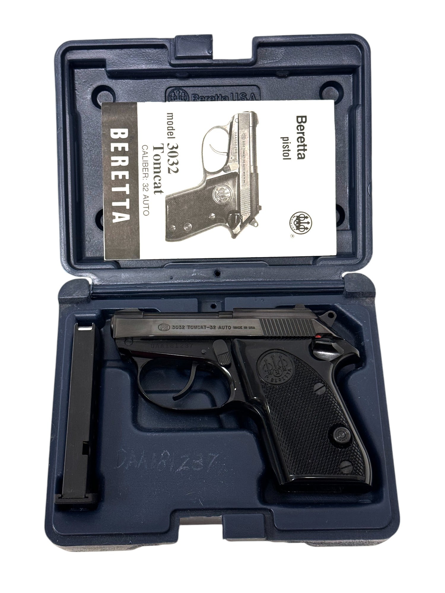 NIB Beretta USA Model 3032 Tomcat .32 ACP Blued Semi-Automatic Pistol: S#: DAA181237 | 6 Round Magazine Made in Italy | SA/DA Semiautomatic | Comes in original factory hard case with no label | Comes with factory manual | Has a tip-up barrel that aids in loading without 