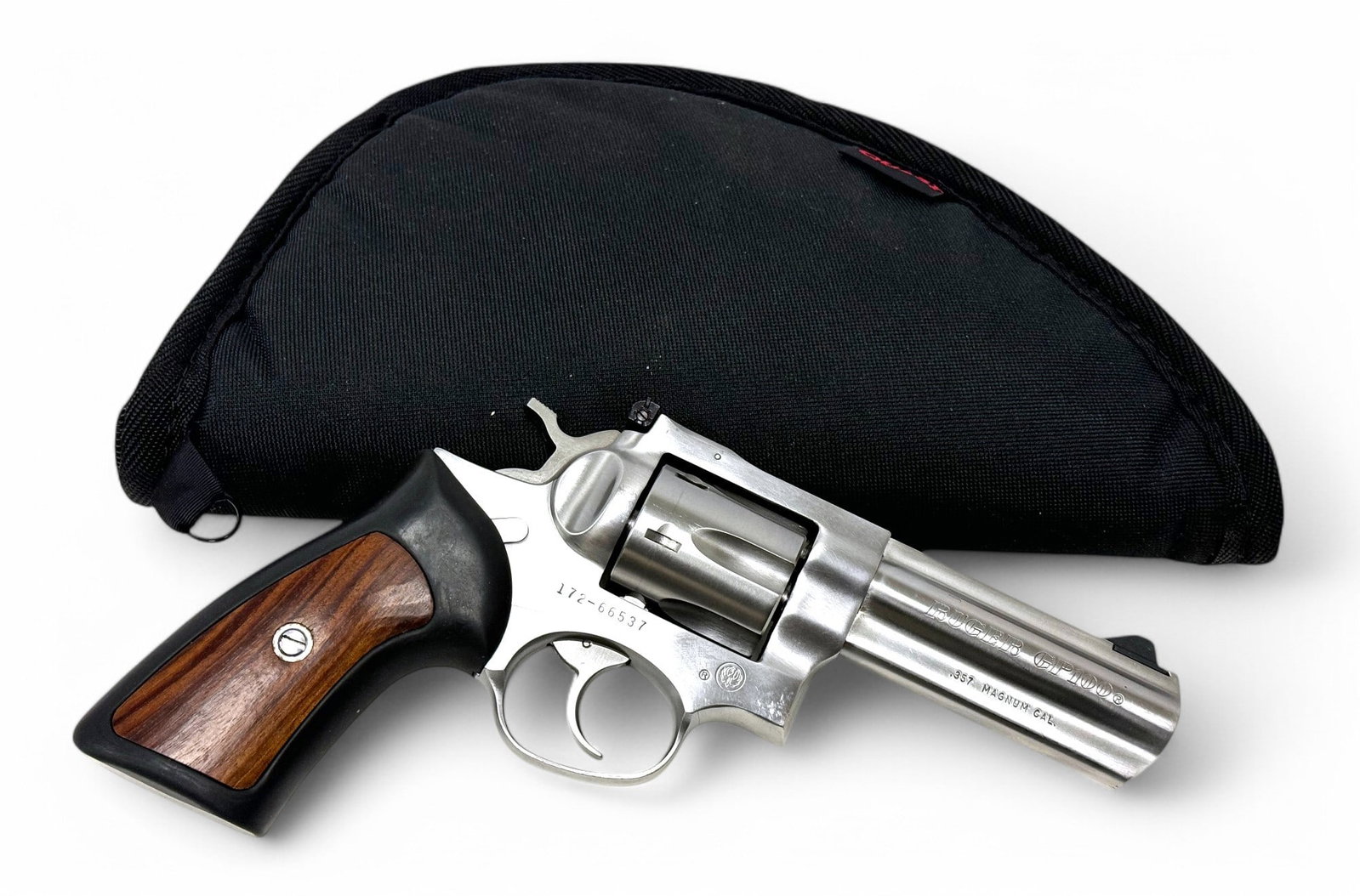 Excellent 1992 Ruger GP100 .357 MAGNUM Stainless Steel 4" Revolver with Case: S#: 172-66537 | Mfg. 1992 | 4" Barrel | 6 Shot SA/DA | Comes with Quest Soft Case | Adjustable rear target sight |||| CONDITION: Excellent, with some minor storage marks. Mechanically functions with n