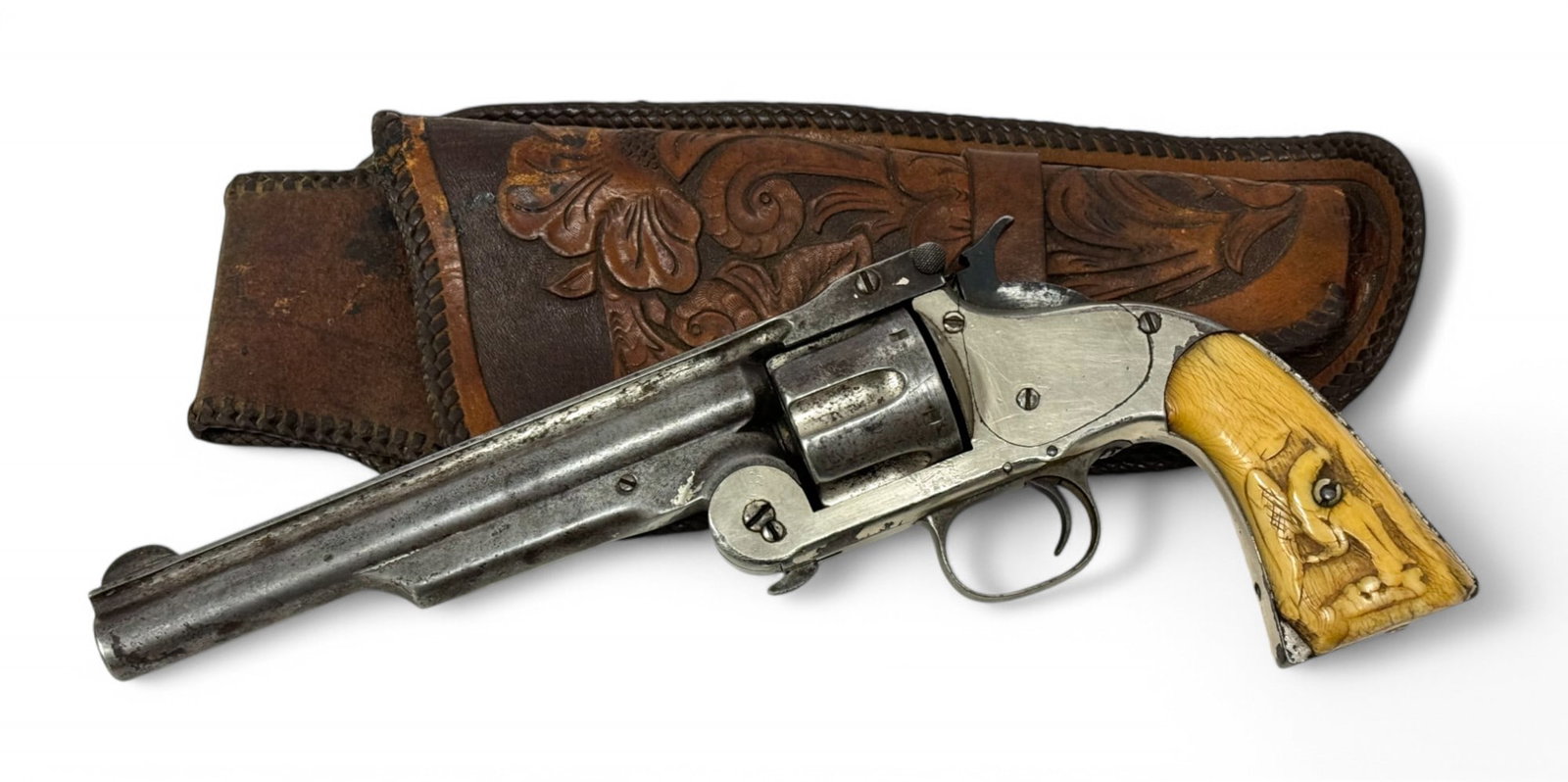 Rare Antique S&W Model No. 3 Russian 1st Model Single Action Revolver w/ Ivory Grips & Holster: S#: 15939 | Non-matching serial numbers on cylinder and latch | 6.75" Barrel | Mfg. 1871-1878 | Commercial Russian model | Nickel Finish | Equipped with vintage ivory grips | Single Action | Top of ba