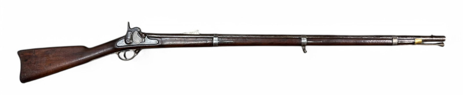 1858 US Civil War Springfield Model 1855 Percussion Rifle Musket: S#: NSN | 40" Barrel | Comes with ramrod | 1858 markings on lock and barrel tang, as well as other features that indicate 1858 production | Eagle marking on primer roll door and U.S. Springfield marke