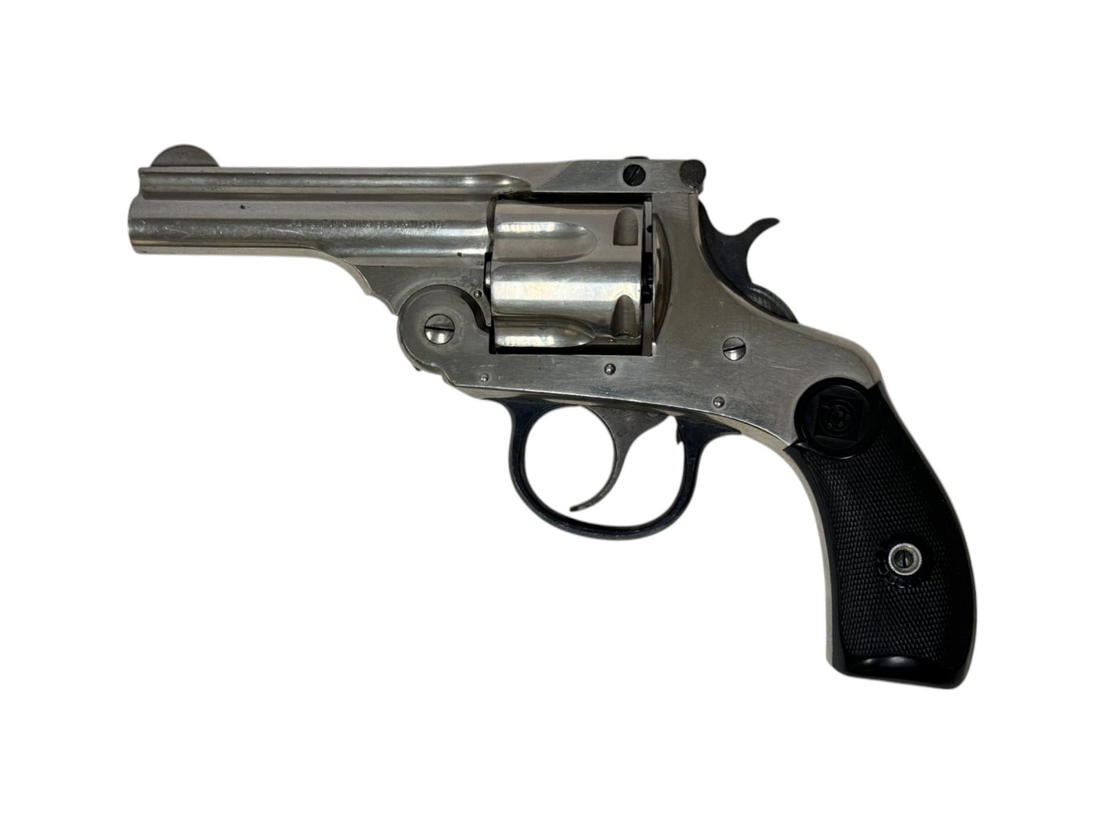 Harrington & Richardson Auto Ejecting .38 S&W Nickel Top-Break Revolver: S#: 133242 | 3.25" Barrel | 5 shot SA/DA | Cylinder matches the frame |||| CONDITION: Good. 98% original nickel finish. Crisp markings. CCH finish on hammer and trigger. Blued trigger guard. Grips are