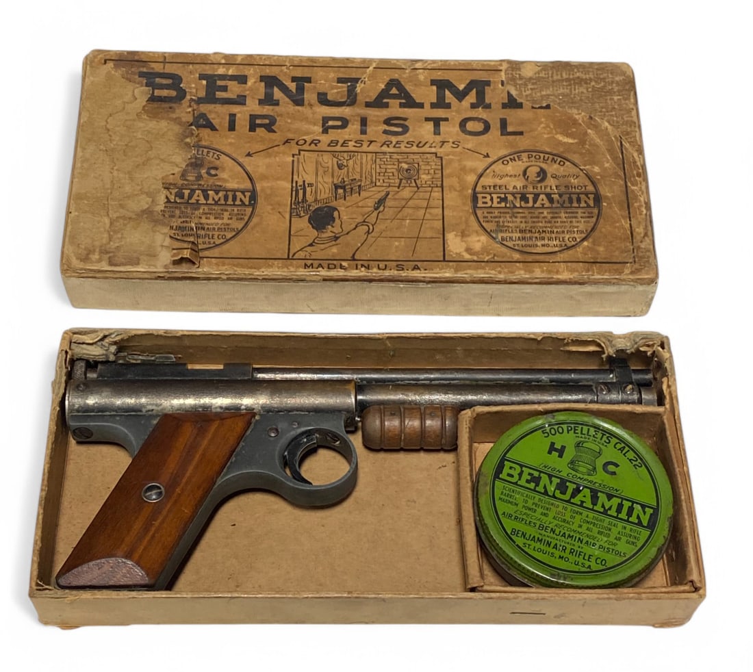 Vintage Benjamin Model 112 Air Pistol with Pellet Canister in Box: Marked Benjamin Franklin on right side of barrel. Marked 112 on back. For parts/repair. See photos for damage at the front of forend pump. Does not work. Pellet canister is nearly empty. Vintage box i