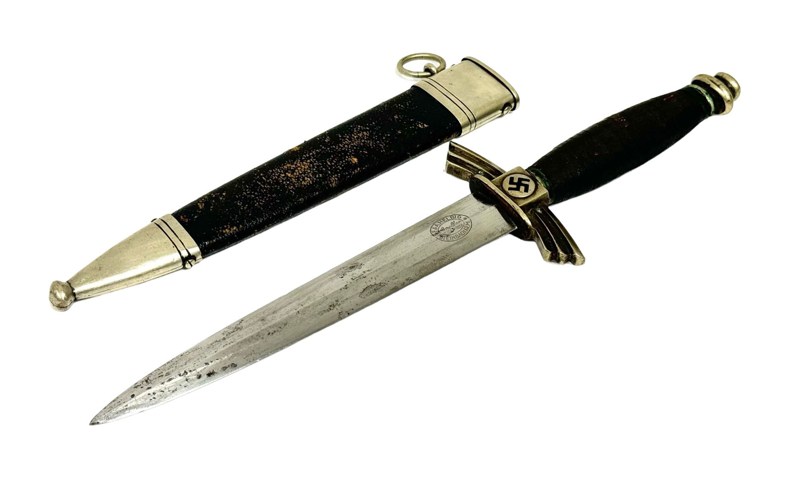 Original Early WWII German DLV / NSFK Glider Pilot’s Dagger with Scabbard by Rare Maker: Maker is F. & A. Helbig - Early Pilot’s dagger has textbook nickel fittings with a gorgeous, even patina. The blade is solid with signs of wear and some scratches. Leather grip is aged and worn