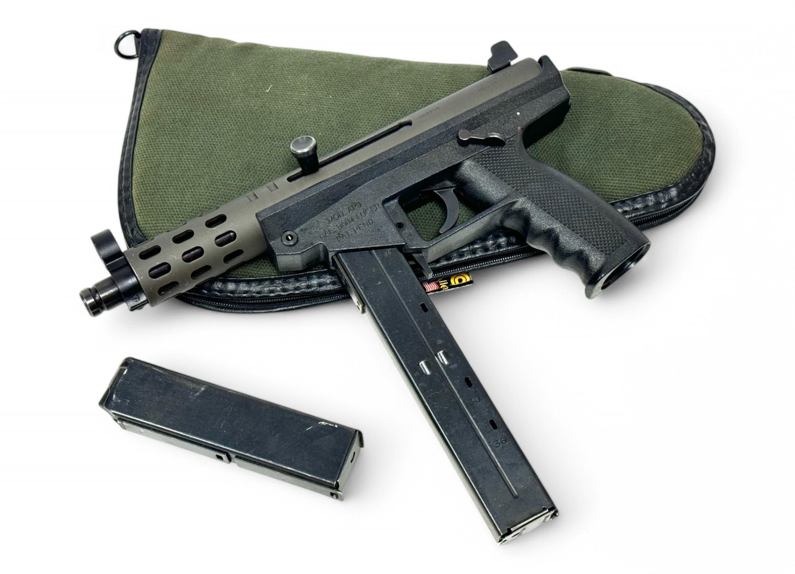Rare A.A. Arms Inc. Model AP-9 Semi-Automatic 9mm Luger (TEC-9) Pistol with 2 Mags & Soft Case: S#: 004194 | Manufactured by A.A. Arms, Inc. of Mint Hill, NC in the 1990s | Features a 4.75” Barrel with vented heat shield hanguard | Comes with (1) 36-Round and (1) 20-Round Magazines | Inclu