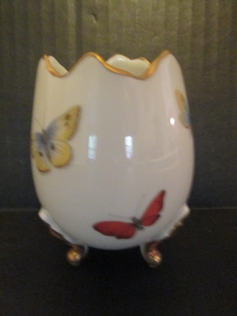 J Limoges Porcelain Egg Cup with Butterflies: 3 3/4"h