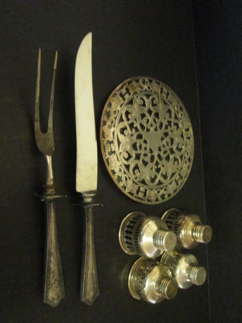 Two Pair of Sterling Silver Hurricane Shade Holder Inserts, Glass Trivet with: Sterling Overlay and Sterling Handle Stainless Blade Carving Set. Hurricane holders 2.43 ozt.