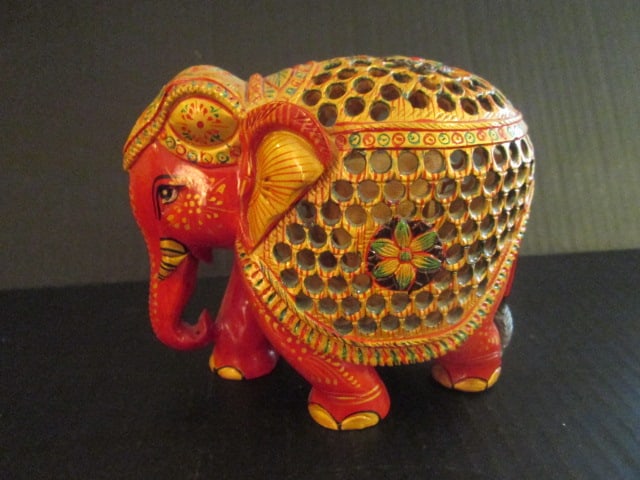 Handpainted Carved Asian Elephant Puzzle Statue: 5"h