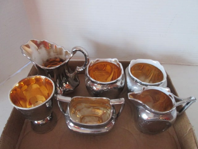 Vintage Silver Luster with Gold Interior Sugar Bowls, Creamers and Egg Cup: age/use wear to gold interior