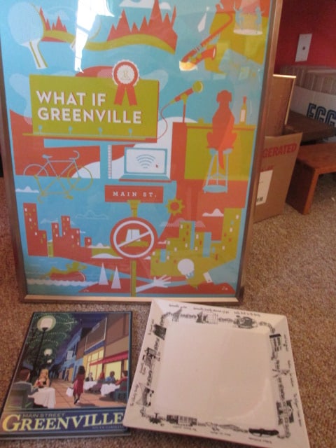 "What If Greenville" Framed Print, "Main Street Greenville" Tile Trivet and 2007: "The Greenville Collection" for Dish by Nancy Jones Plate