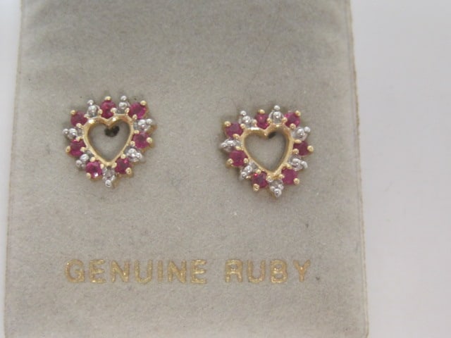 10k Gold Ruby and Diamond Heart Earrings (1 of 3)