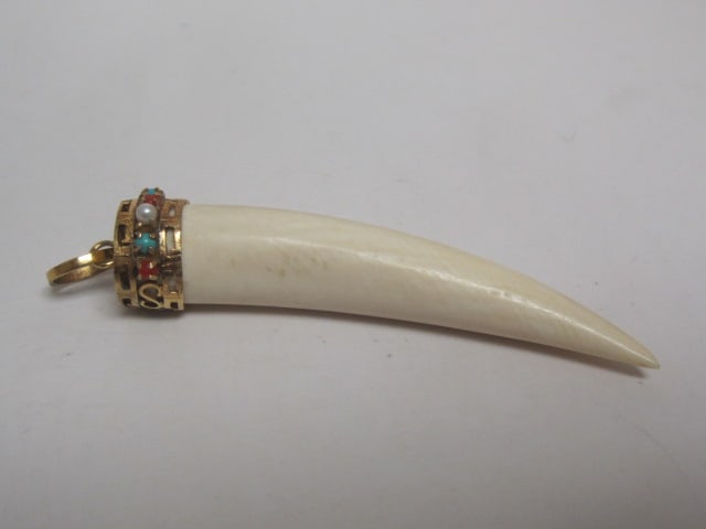 18k Gold Jeweled Pre-Ban Ivory Tusk Pendant: Turquoise, Coral and Pearl Stones. Weighs 6.7 grams