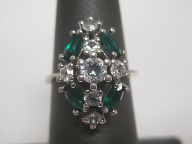 Sterling Silver Fashion Ring w/ Faux Emerald and Diamond Stones: Size 6