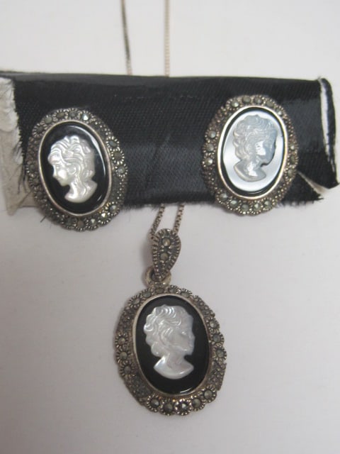 Sterling Silver Onyx & Marcasite Cameo Necklace and Earring Set (1 of 5)