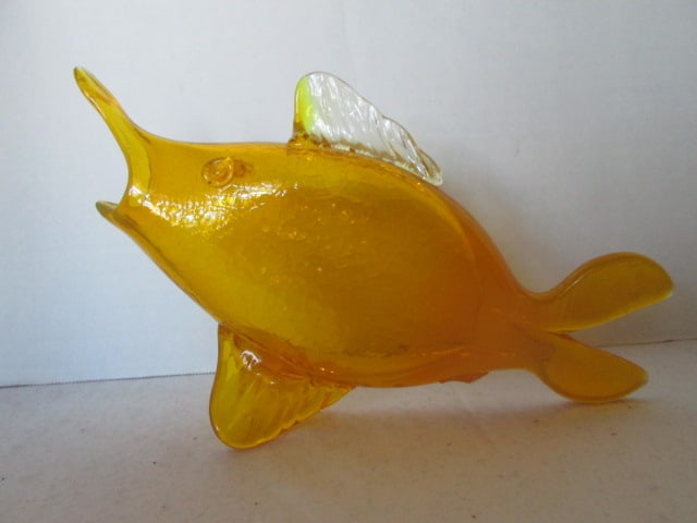 Yellow Crackle Glass Fish by Rainbow Glass: 11 1/2" long x 6 3/4"h