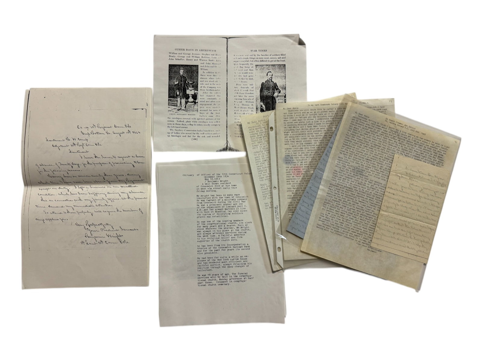 Collection of 1863 Civil War Letters of Connecticut Officer Benjamin Wright to Lover: from Hilton Head, SC, Seabrook Island, SC, and onboard Steamer Ben Deford, includes transcriptions and information on Wright, consigner paid $140 for 2 of the letters in 1995
