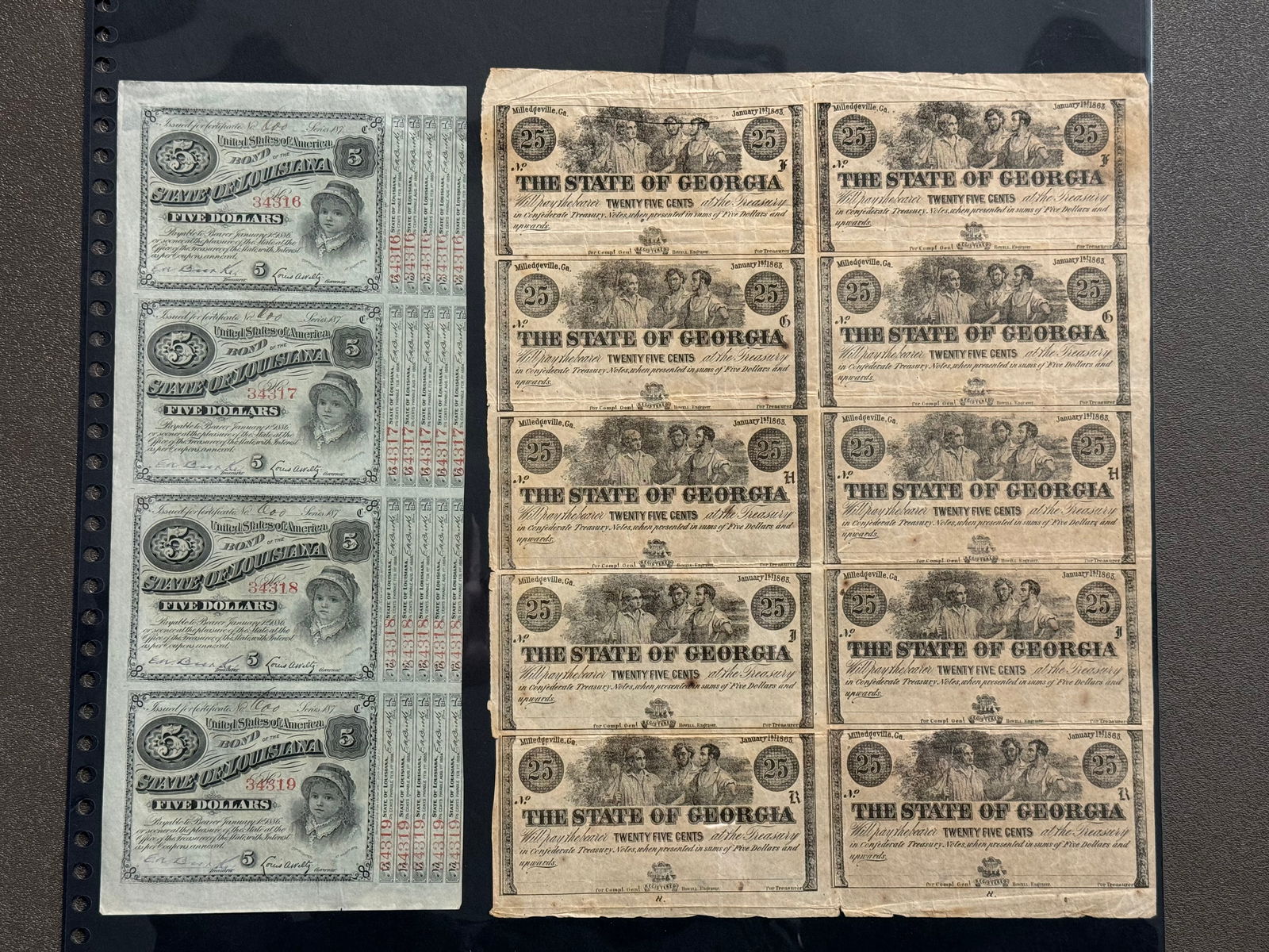 Antique Uncut Sheets of (4) 1875 Louisiana $5 Baby Bonds & (10) 1863 Georgia 25 cent Bank Notes (1 of 5)