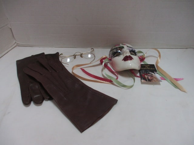 2 Pairs of Vintage Leather Gloves, Gold Rim Glasses, and Signed Ceramic Mask (1 of 5)