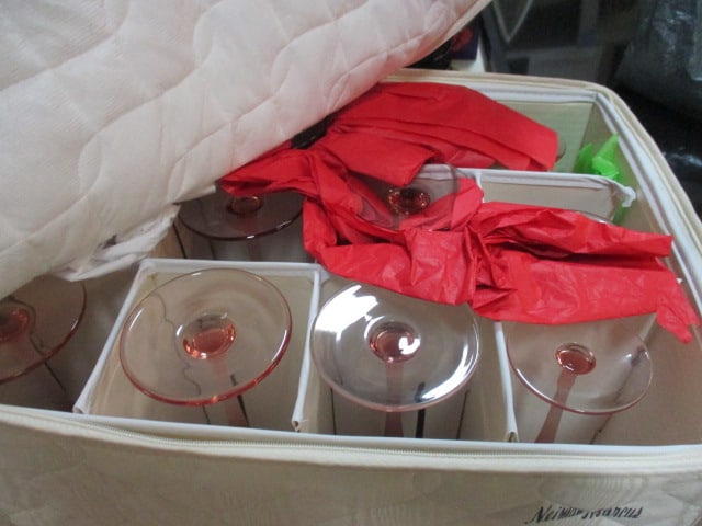12 Mikasa Coral Sea Mist Crystal Stem Glasses in Neiman-Marcus: Quilted Storage Box (3) 8 1/2" wine stem, (9) 9 1/4" wine stem
