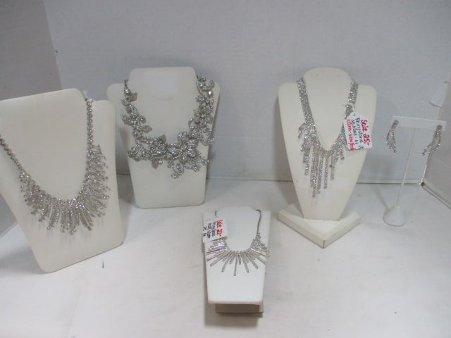 Lot of Sparkling Rhinestone Necklace and Earrings with Stands: see pictures and preview for selection