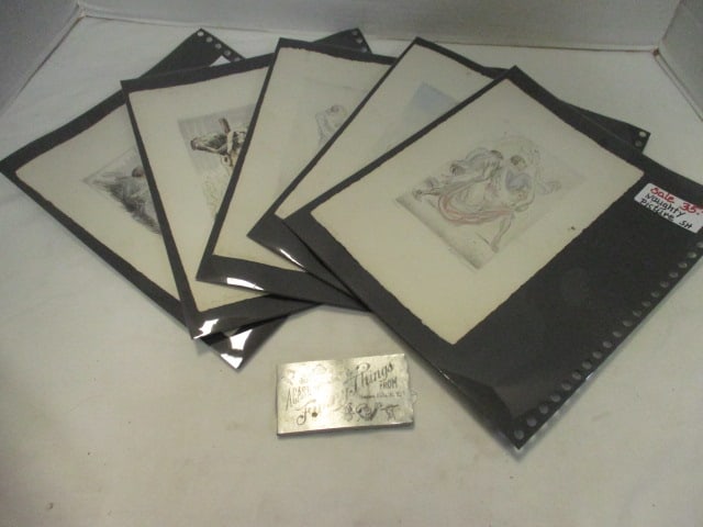 5 Vintage Signed and Numbered "Naughty" Prints and 1890s Aluminum: Comical Image Cards with Box