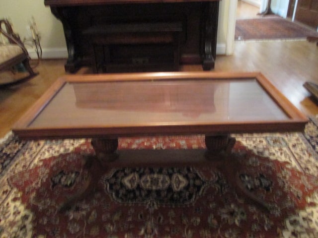 Duncan Phyfe Style Display Top Coffee Table: 36 1/4" x 18 1/4" x 16 3/4", brass cap feet, Local Pickup Only