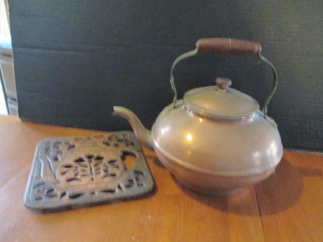 Copper Kettle with Wood Handle Insert and Copper Trivet: Trivet 7 1/2" square, Kettle 6 1/2"h(8 3/4"h handle up)