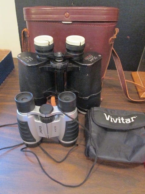 Vintage Hialead 10x50 No. 59919 Binoculars and Pair of Vivitar 4x30 Binoculars: Hialead are in leather case-strap and lid hinge broken