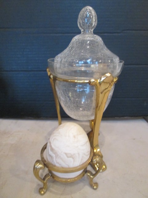 Colorless Crackle Optic Glass Dish in Brass Stand and Polished Alabaster Egg in Brass Stand (1 of 8)