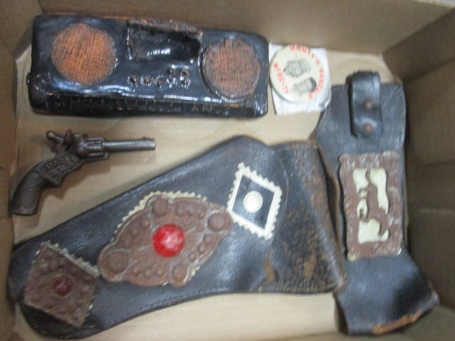 Vintage Boy's Lot - Holster, Mini Cowboy Toy Pop Gun, "Monty's Rascals": Pin, and Signed Ceramic "Sony" Radio