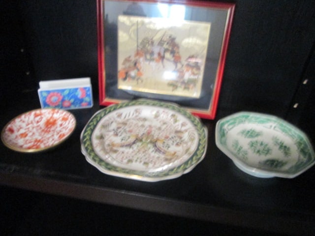 Framed Chinese Silk Scene Panel, Decorative Plate, Footed Dish, Heygill Brass Overlay (1 of 12)