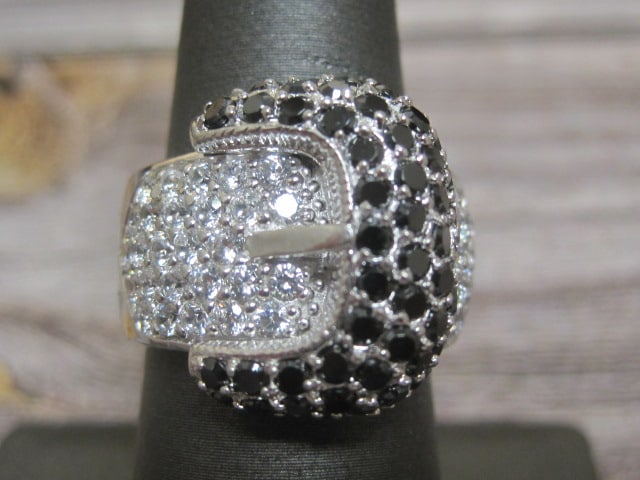 Sterling Silver Black and White CZ Stones "Belt Buckle" Style Ring (1 of 4)